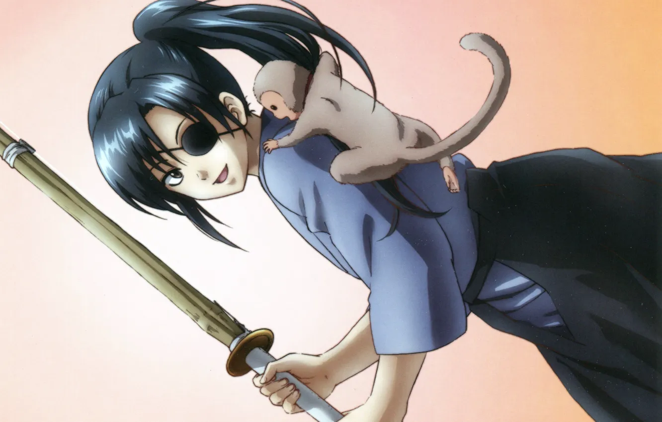 Photo wallpaper smile, monkey, girl, eye patch, Gintama, Gintama, Kyubei Yagya, bamboo sword