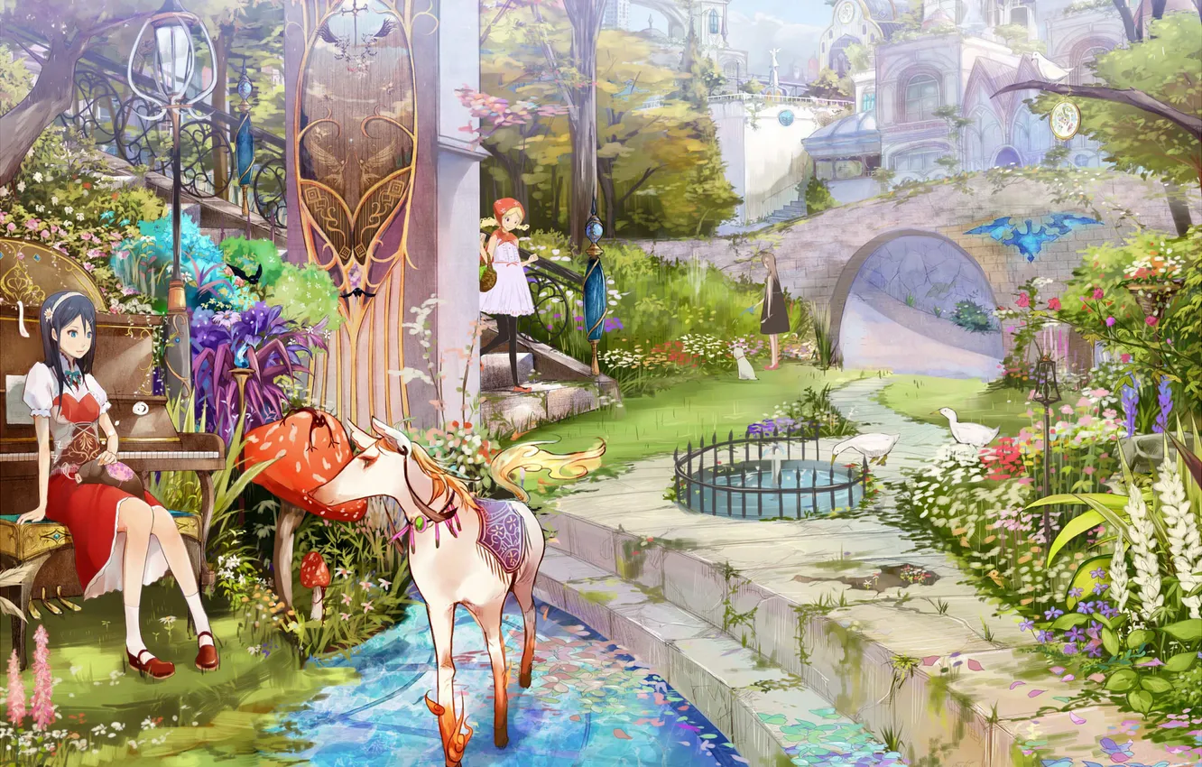 Photo wallpaper Park, anime, girl, fountain