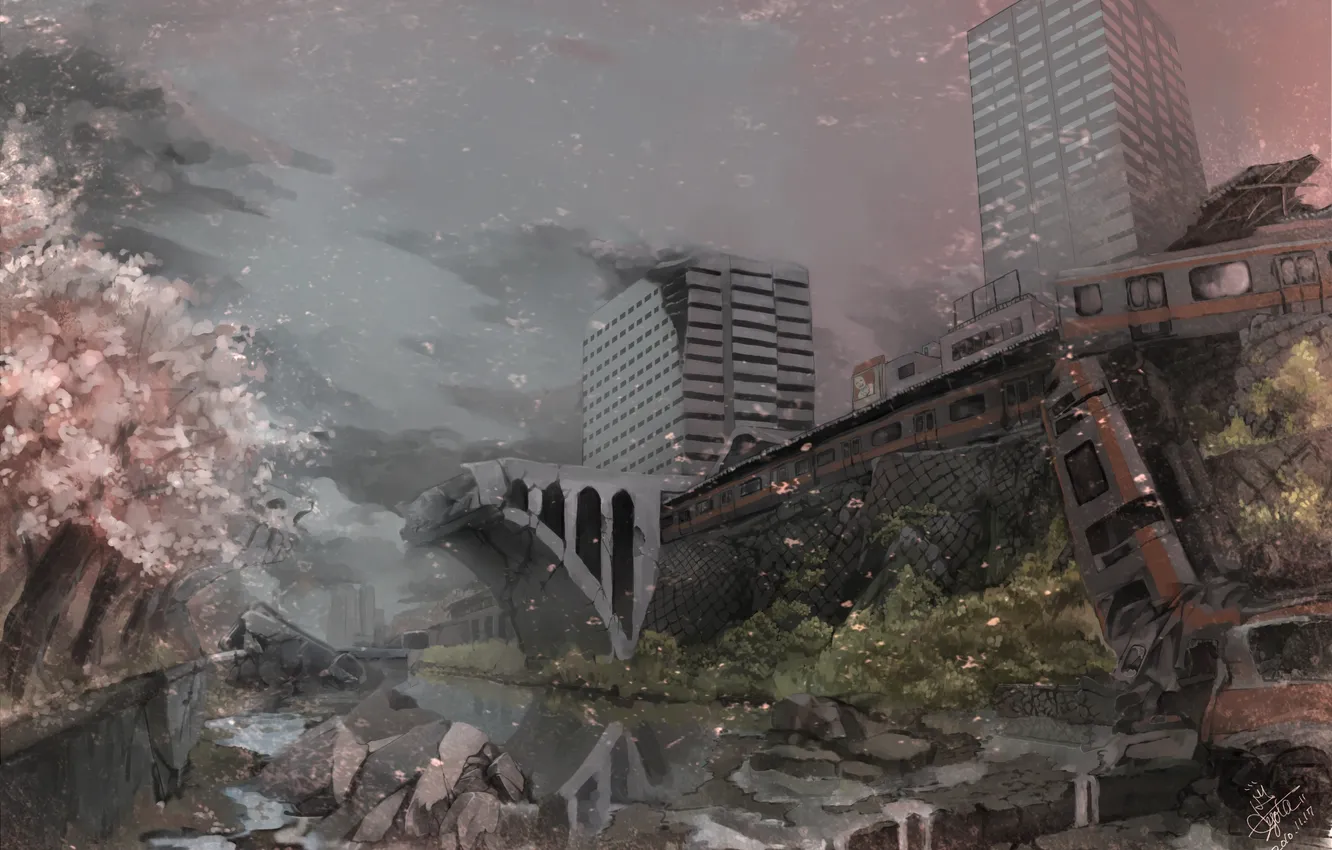 Photo wallpaper the sky, clouds, bridge, the city, river, stones, train, anime