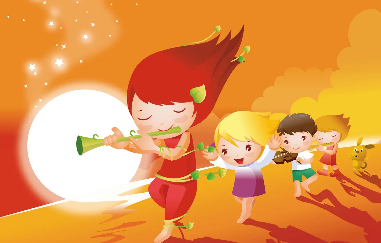 Photo wallpaper leaves, children, music, the wind, the moon, violin, stars, shadows