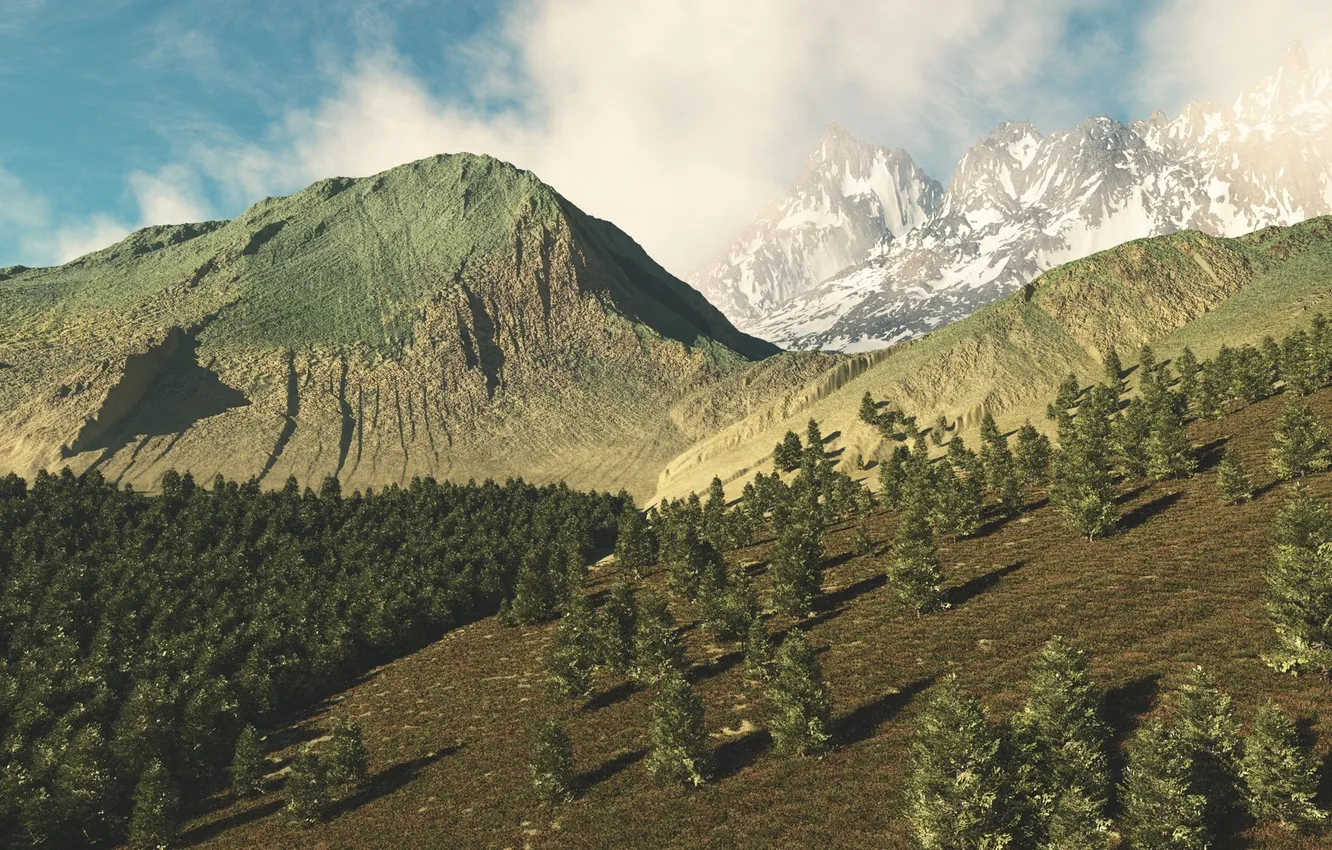 Photo wallpaper the sky, clouds, snow, mountains, ate, day, sky, mountains