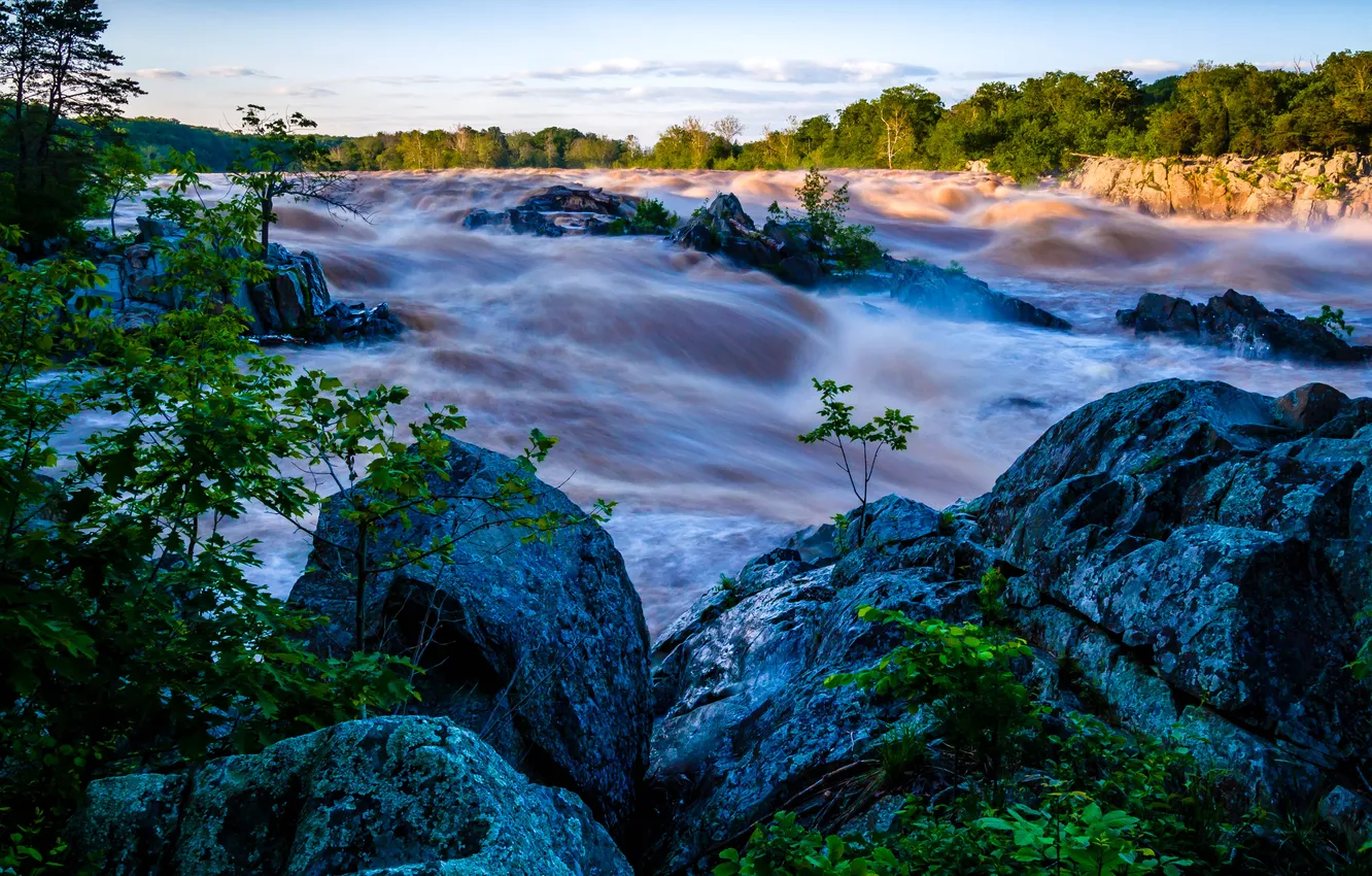 Photo wallpaper the sky, sunset, river, stones, stream, thresholds