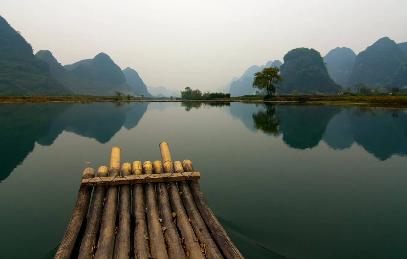 Photo wallpaper mountains, fog, lake, reflection, silence