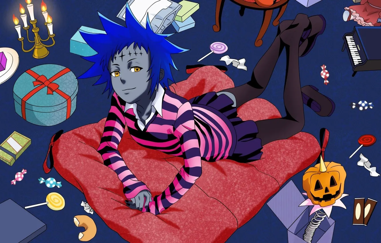 Photo wallpaper box, mattress, candy, pumpkin, blue hair, yellow eyes, Road Kamelot, striped shirt