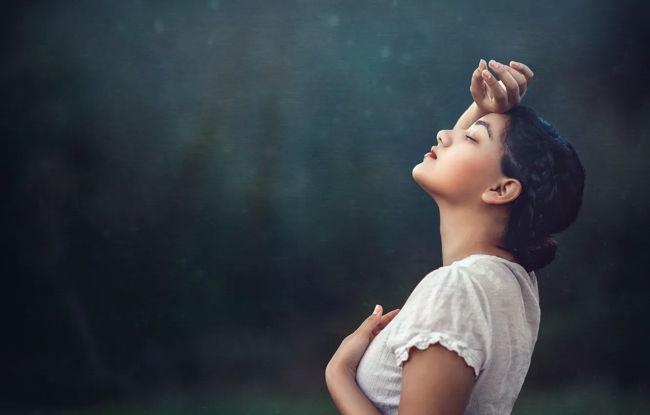 Photo wallpaper girl, brunette, blouse, profile, bokeh