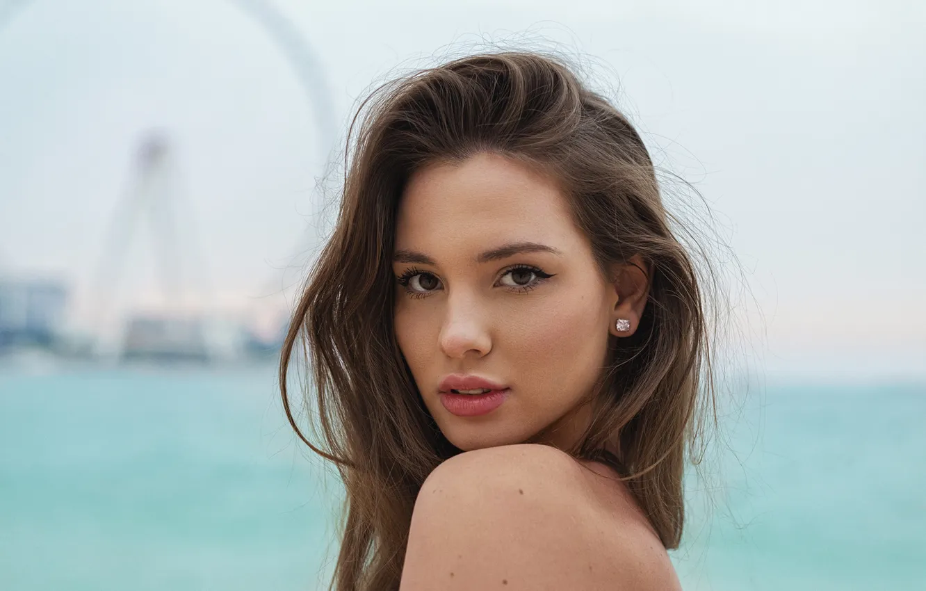 Photo wallpaper girl, beach, sky, beautiful, model, brunette, red lipstick, Nikolas Verano