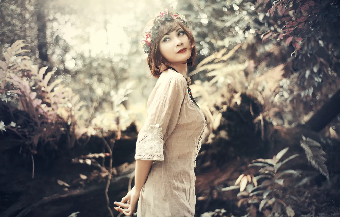 Photo wallpaper summer, girl, nature, dress, brown hair, wreath
