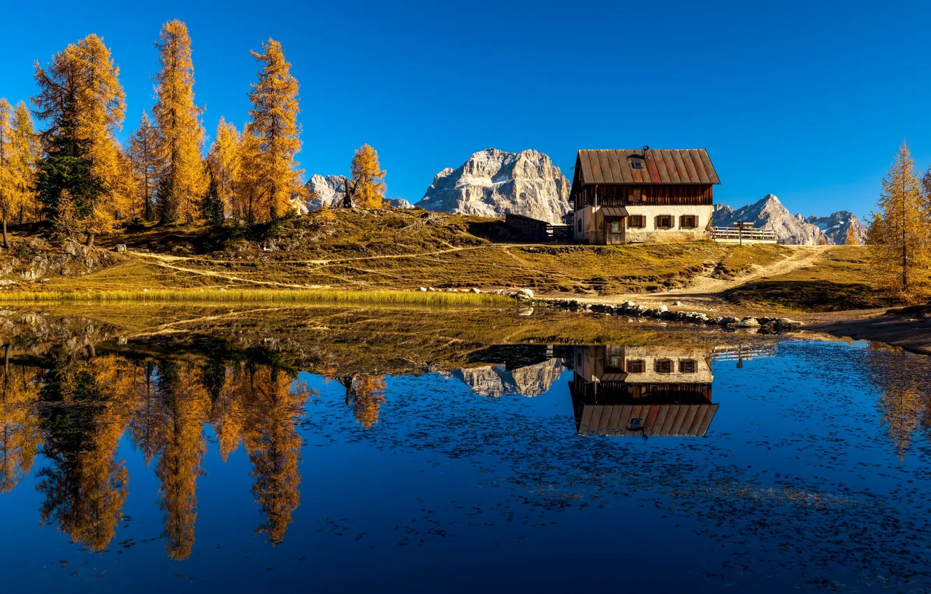 Photo wallpaper autumn, the sky, trees, mountains, lake, house, reflection, blue