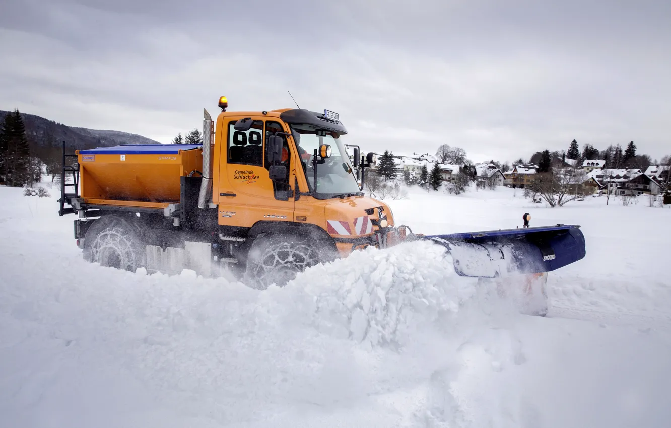 Photo wallpaper snow, Mercedes-Benz, chain, machinery, Unimog, U430