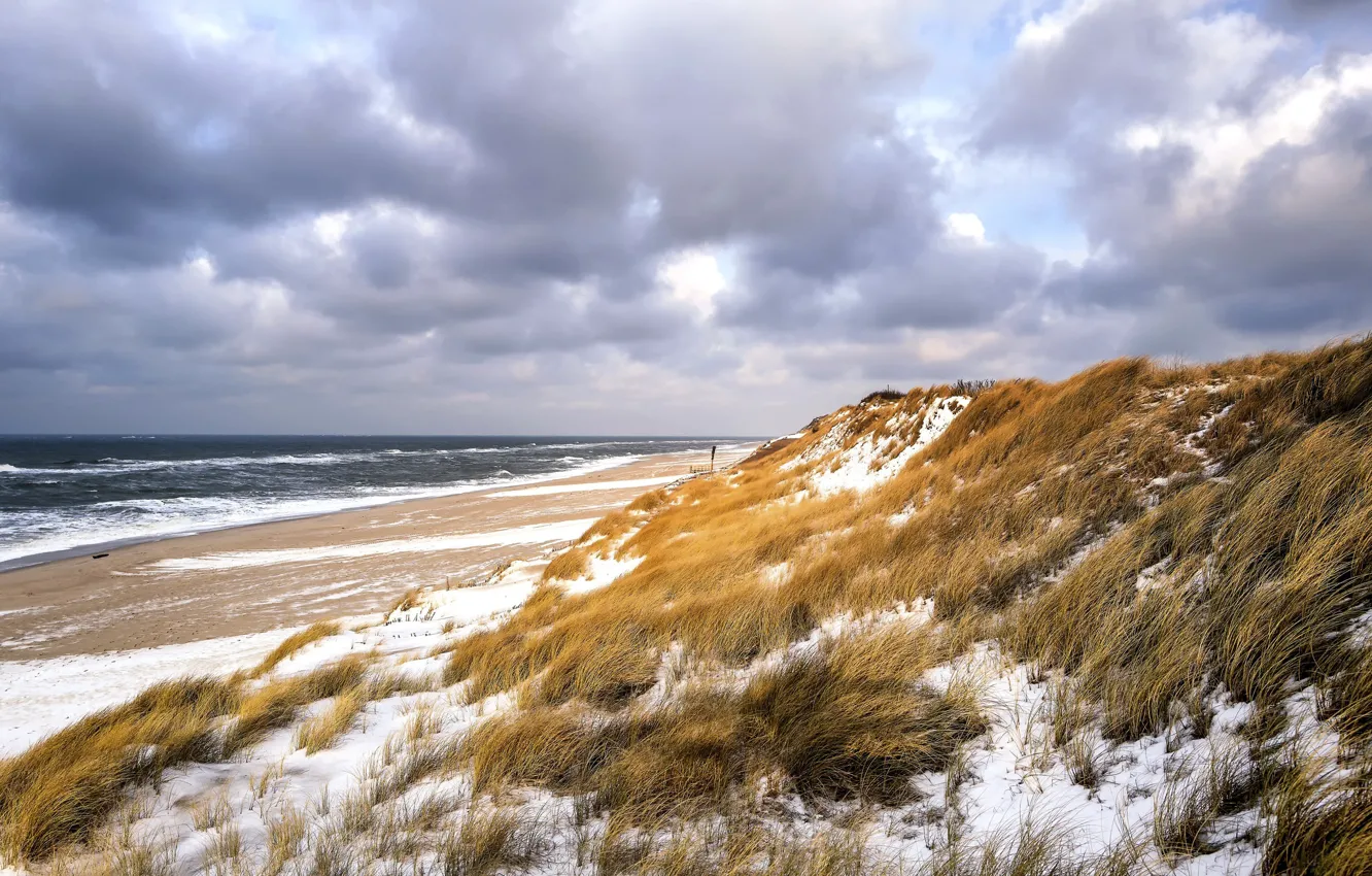 Photo wallpaper winter, sea, beach, dunes