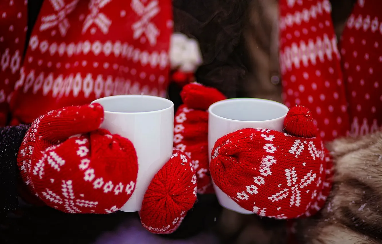 Photo wallpaper winter, red, tea, hands, Cup, gloves