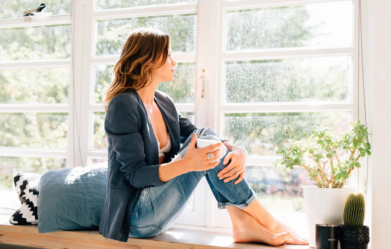 Photo wallpaper girl, face, jeans, window, sill, sitting, Roos