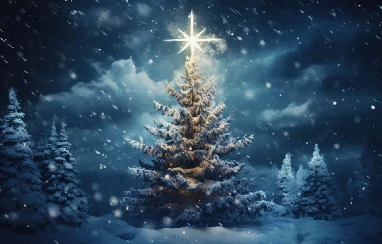 Photo wallpaper winter, snow, night, the dark background, tree, new year, Christmas, herringbone