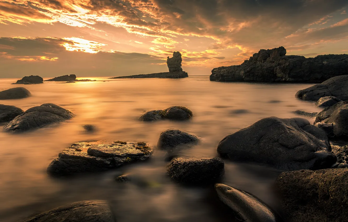 Photo wallpaper sea, sunset, stones, rocks