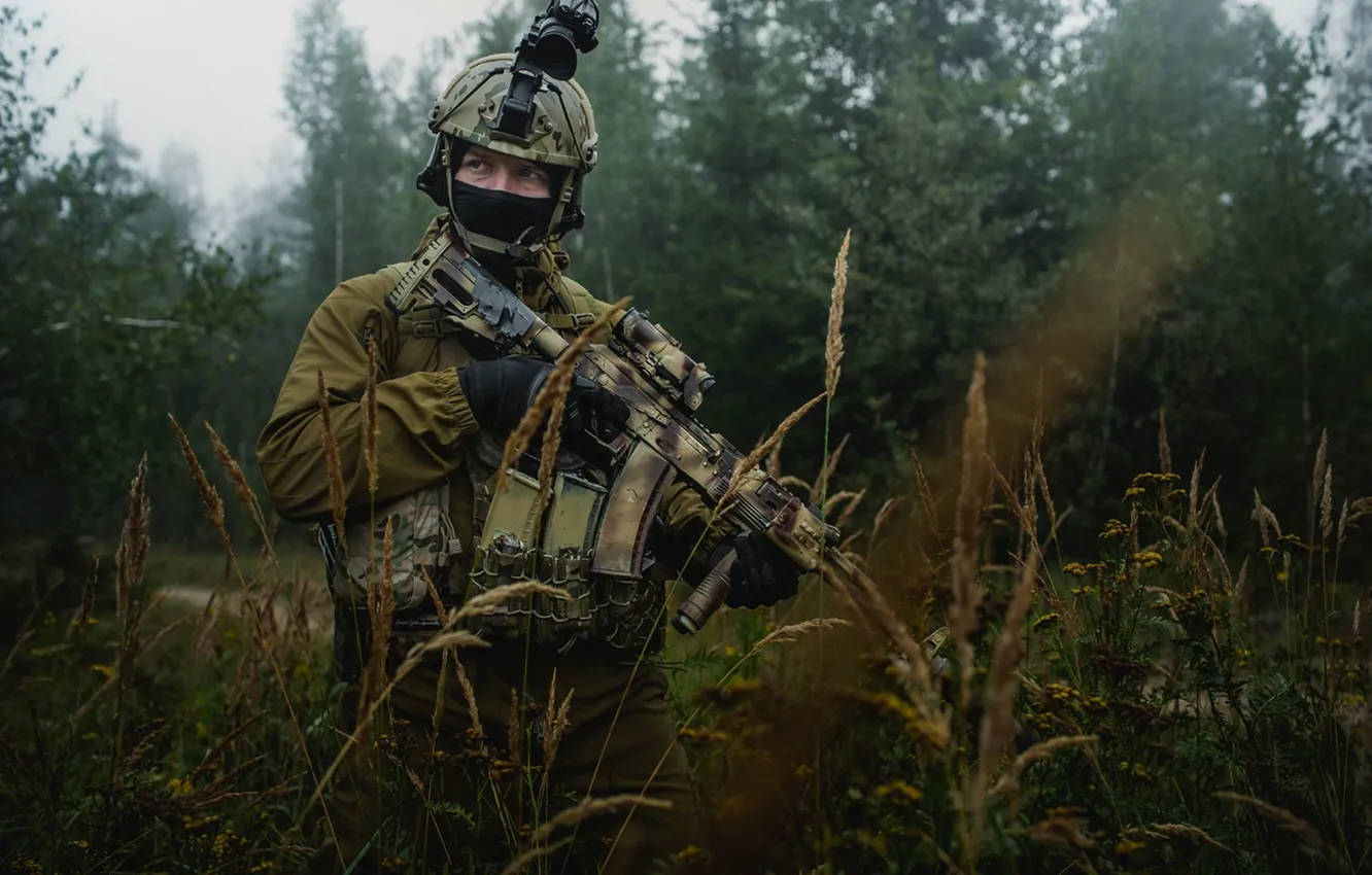 Photo wallpaper field, forest, grass, soldiers, Kalashnikov, equipment