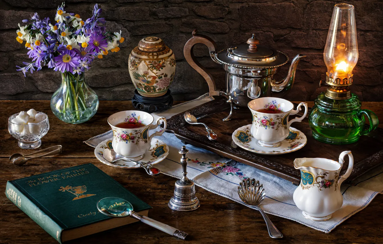 Photo wallpaper flowers, style, lamp, bouquet, kettle, Cup, book, still life