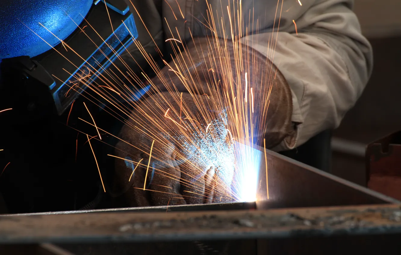 Photo wallpaper heat, sparks, welder, personal protective equipment, welding, electrical arc