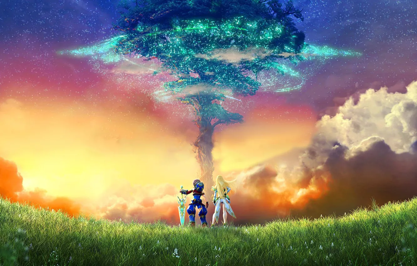 Photo wallpaper sunset, tree, two, Xenoblade Chronicles 2