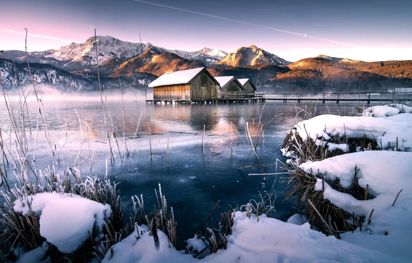 Photo wallpaper winter, forest, mountains, nature, lake, reflection, boat houses
