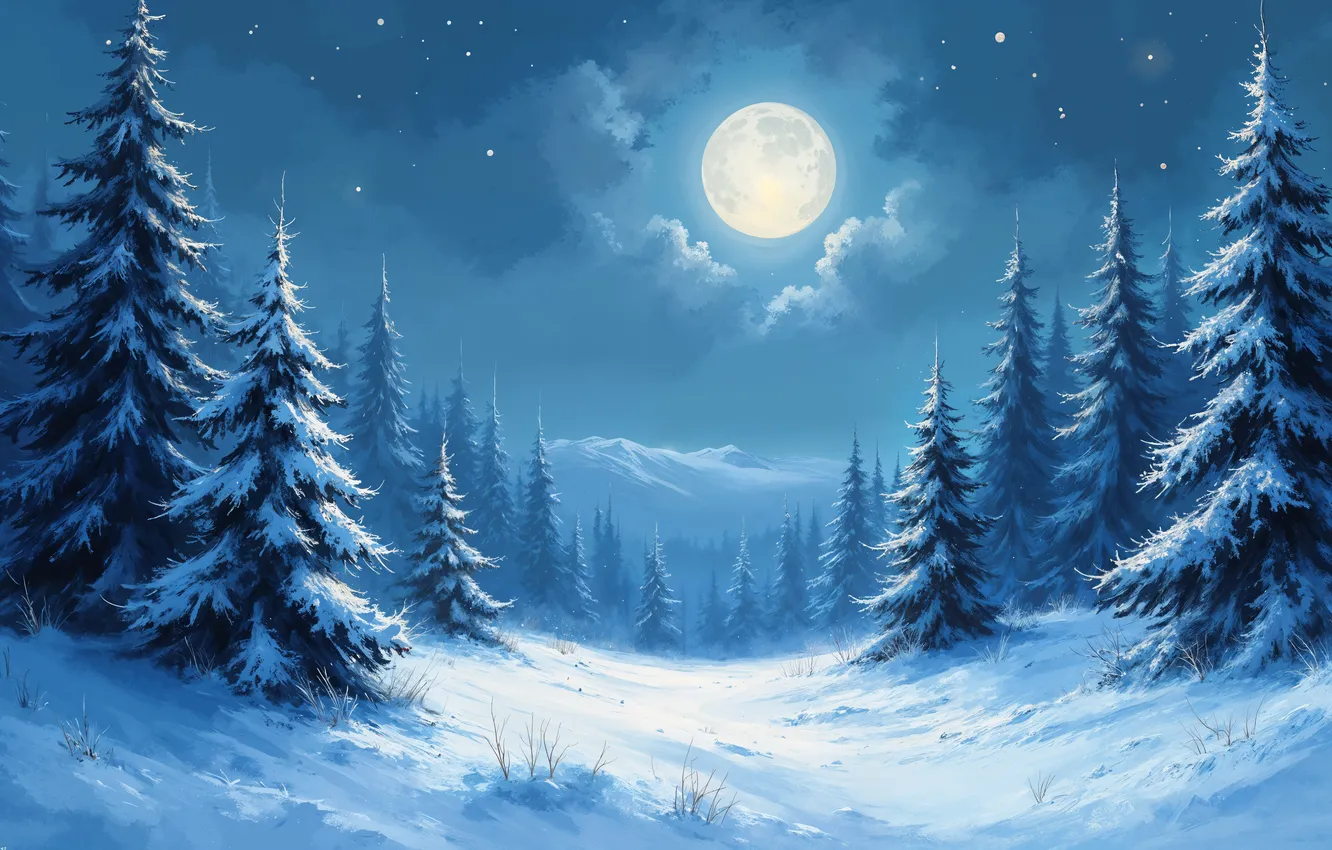 Photo wallpaper winter, frost, forest, the sky, stars, clouds, light, snow