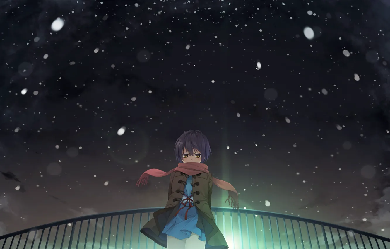 Photo wallpaper girl, snow, night, anime, art, The Melancholy of Haruhi Suzumiya, the melancholy of Haruhi Suzumiya, …