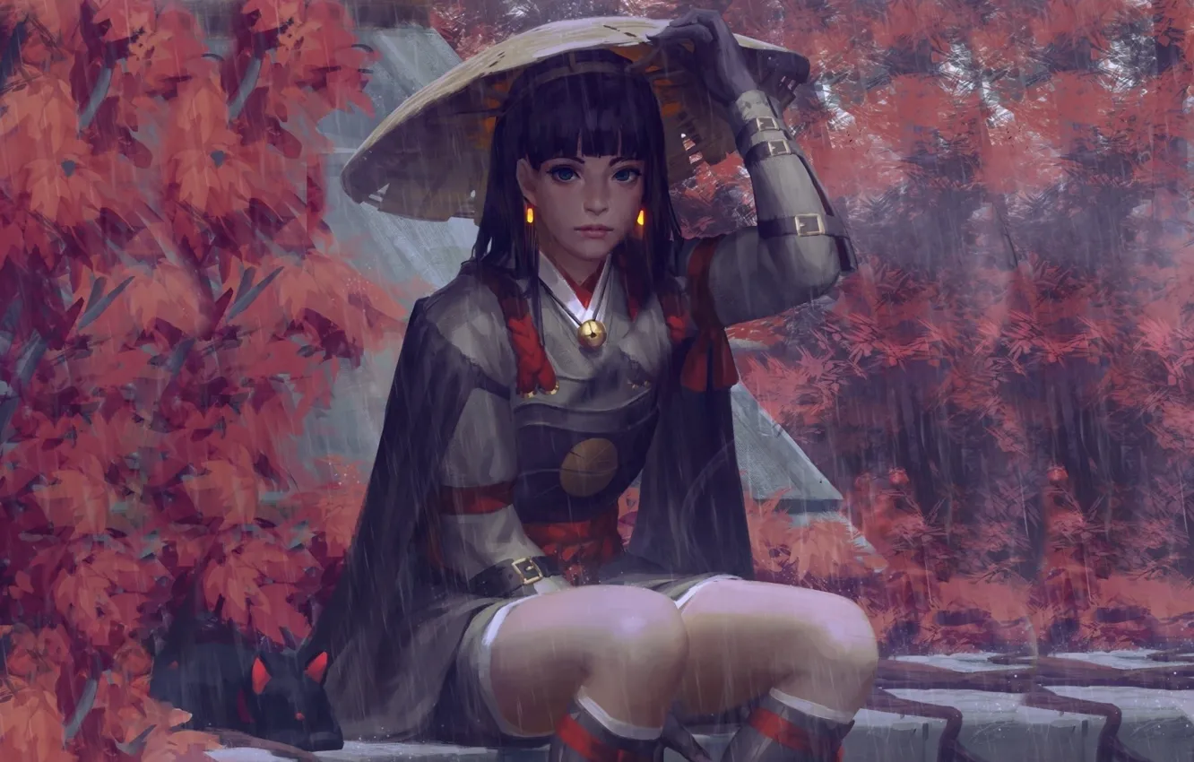 Photo wallpaper rain, hat, armor, Japan, art, Guweiz, woman warrior, autumn trees
