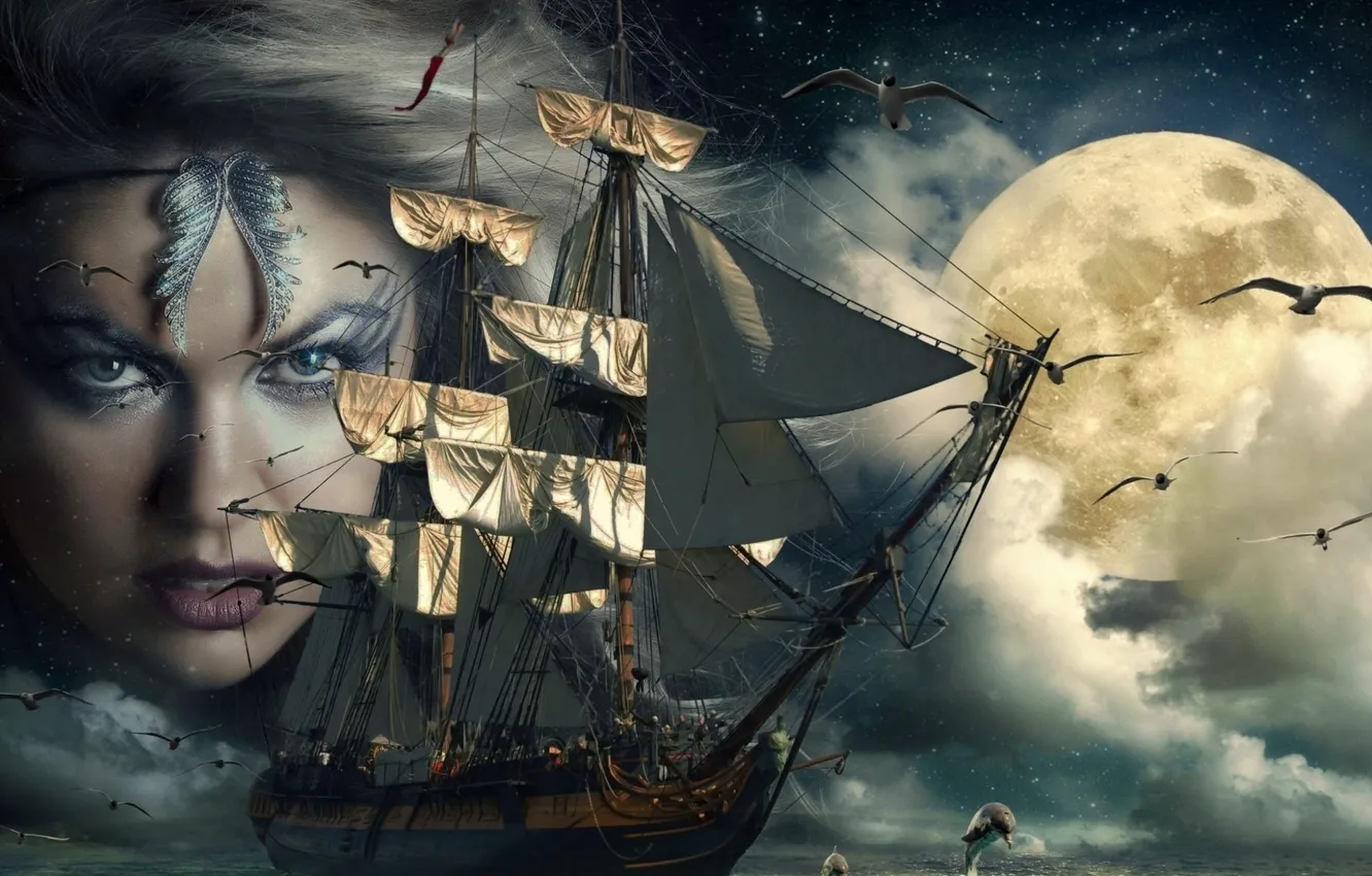 Photo wallpaper sea, face, fog, the ocean, the moon, seagulls, sailboat, art