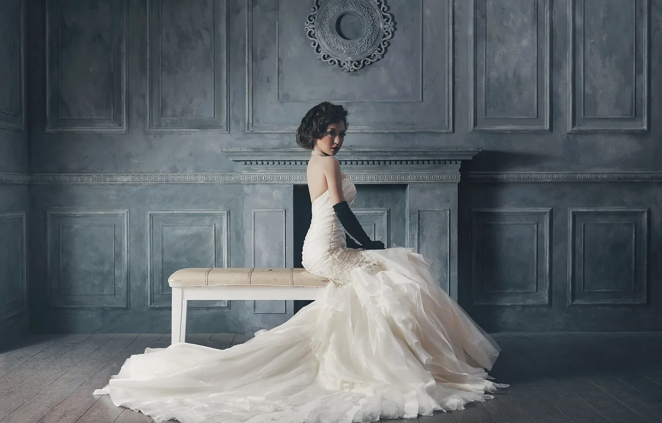 Photo wallpaper room, Asian, sitting, white dress