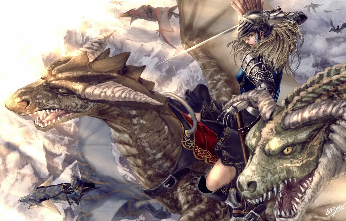 Photo wallpaper girl, weapons, dragon, sword, armor, art, helmet, rider