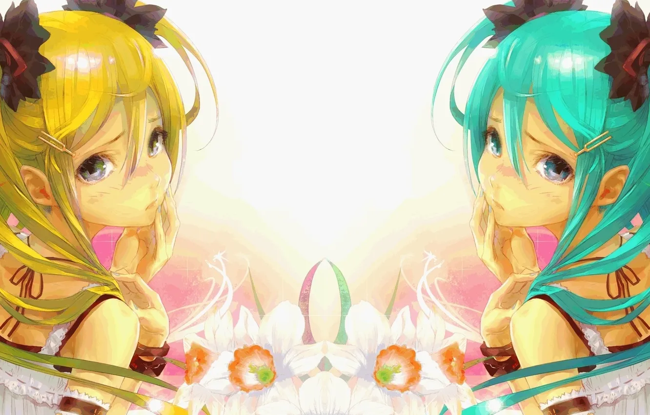 Photo wallpaper look, girl, flowers, reflection, art, vocaloid, hatsune miku