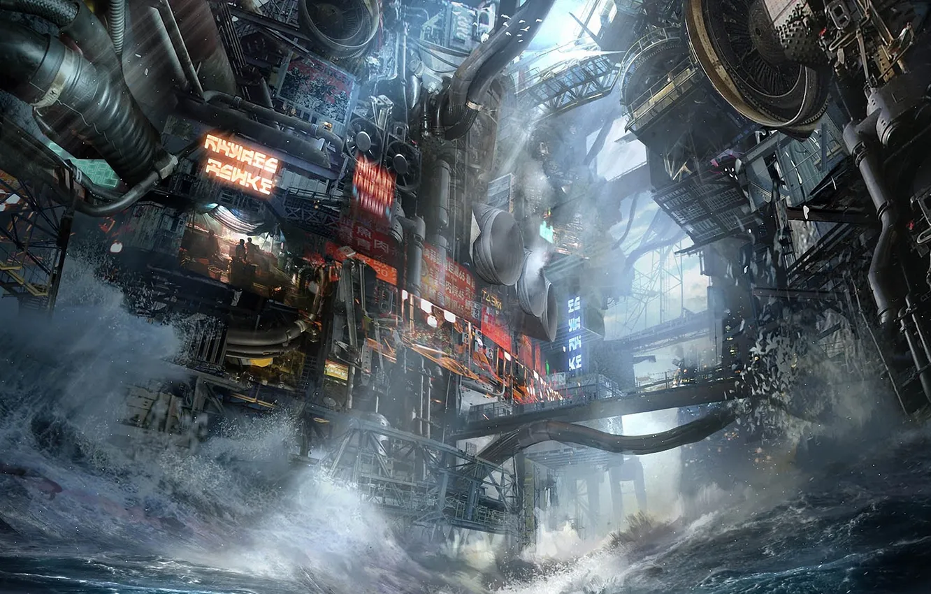 Photo wallpaper wave, water, the city, mechanism, pipe, killzone, mercenary