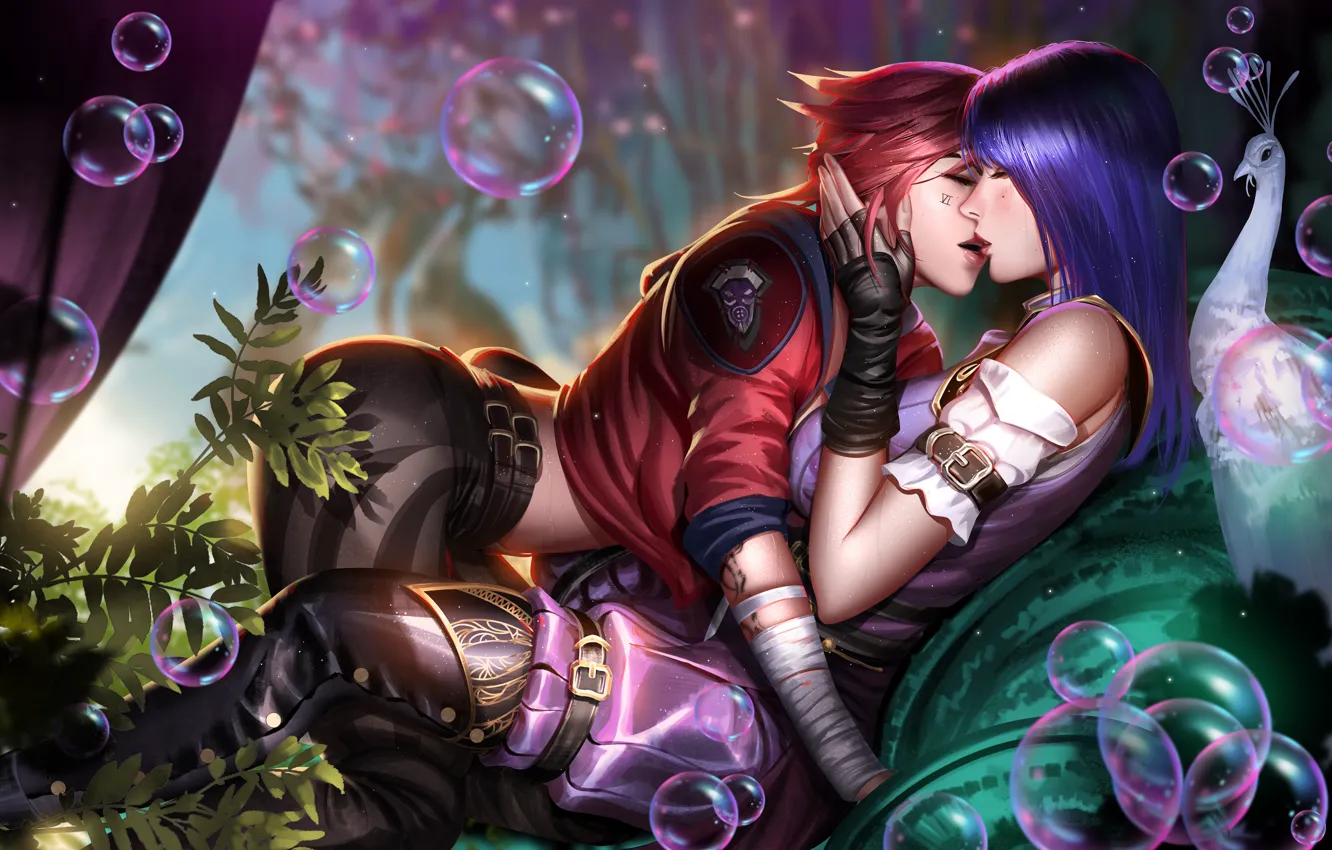 Photo wallpaper girl, bubbles, bird, kiss, League of Legends, Caitlyn