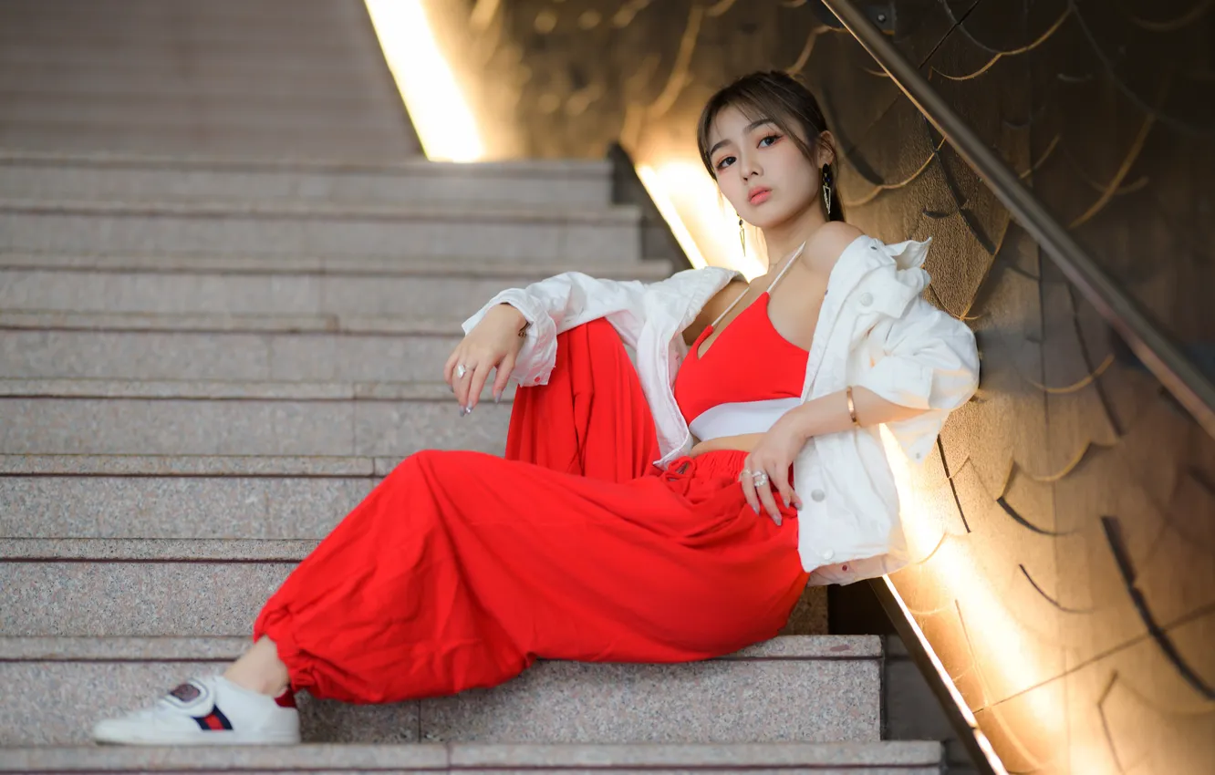 Photo wallpaper girl, Asian, sitting, on the stairs