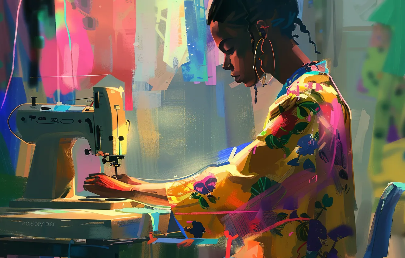Photo wallpaper girl, table, designer, seamstress, black woman, digital art, fashion designer, sewing machine