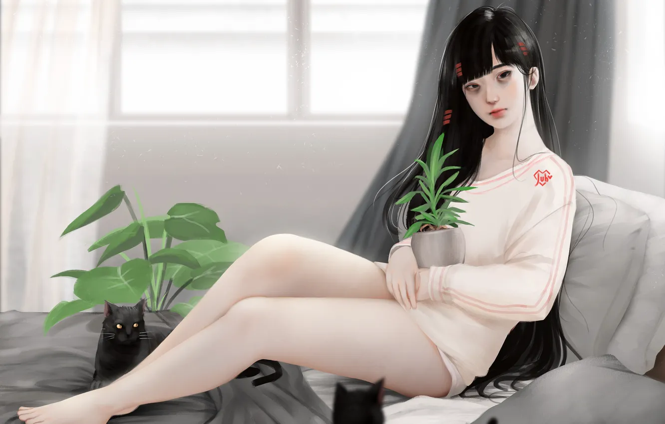 Photo wallpaper cat, girl, bed, flowers in pots
