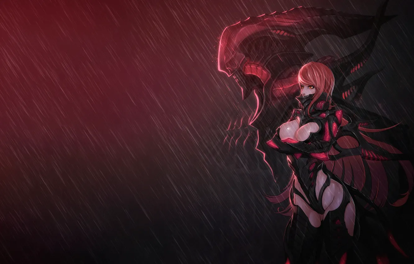 Photo wallpaper Girl, Red, Sexy, Art, Rain, Weapon, Minimalism, Cyborg