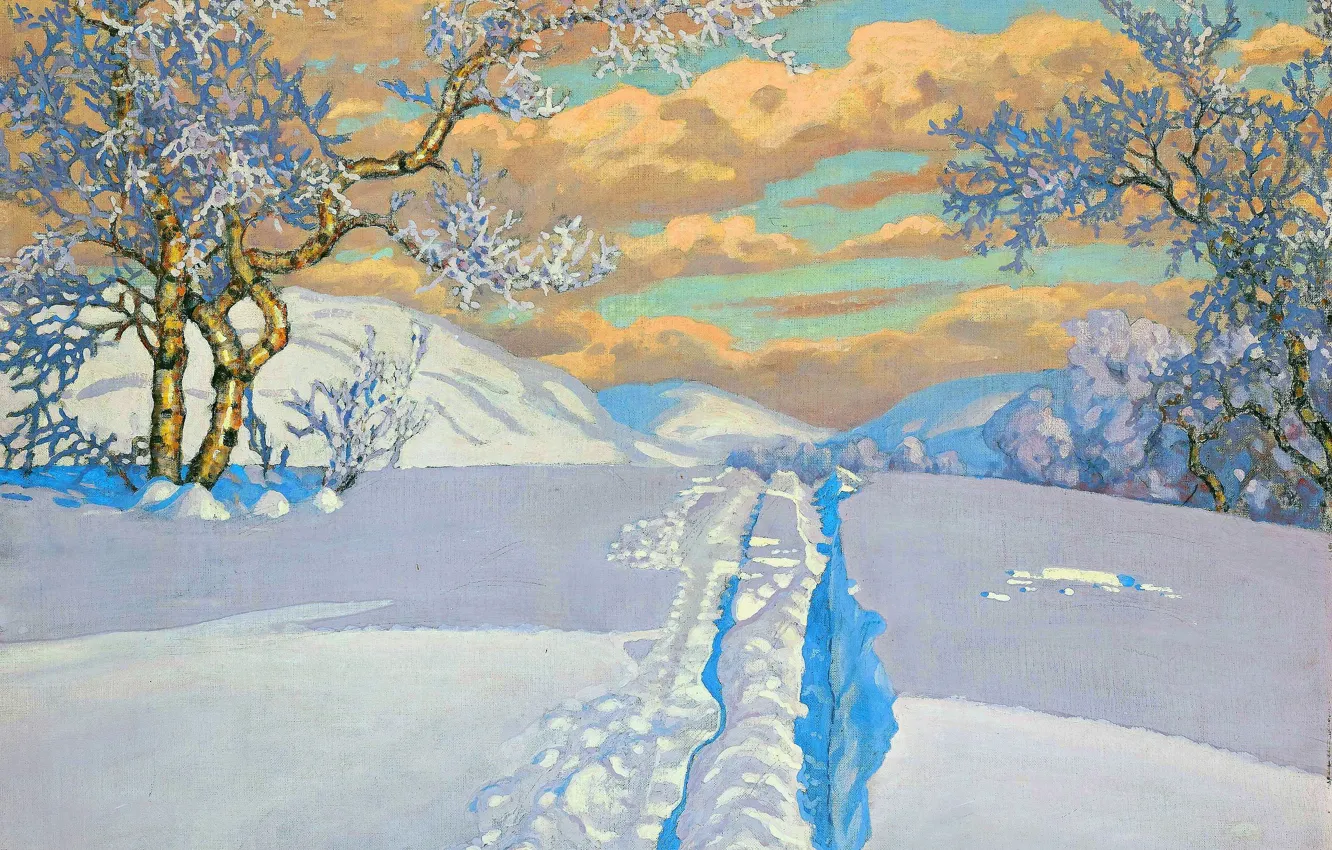 Photo wallpaper snow, trees, picture, Gustaf Fjaestad, Swedish artist, Gustav Fjestad, Winter landscape with ski trails