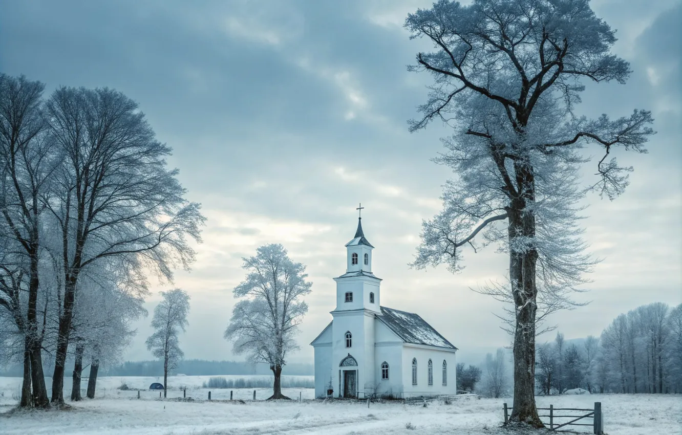 Photo wallpaper winter, field, snow, Church, pine, AI art, neural network