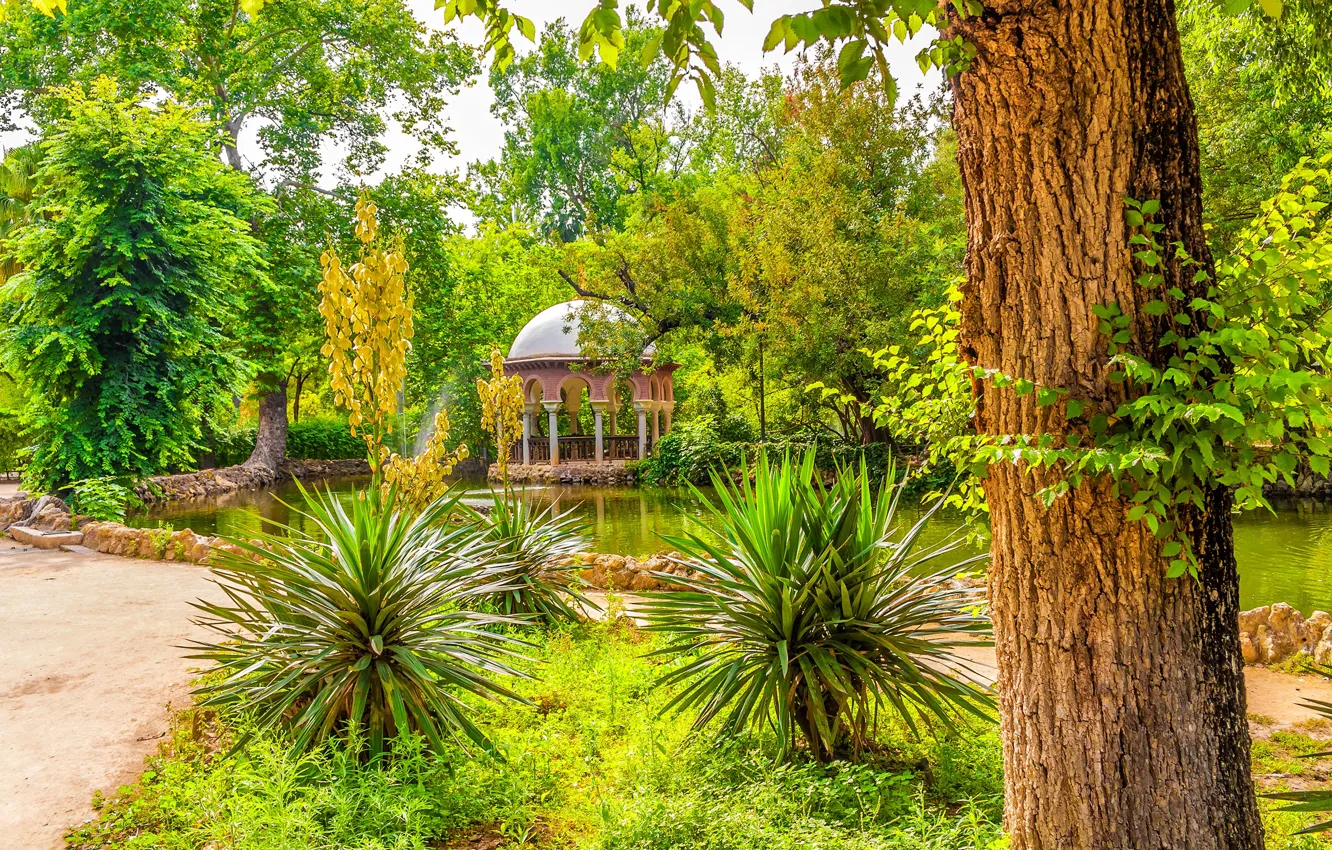 Photo wallpaper greens, the sun, trees, pond, Park, Spain, gazebo, Sevilla
