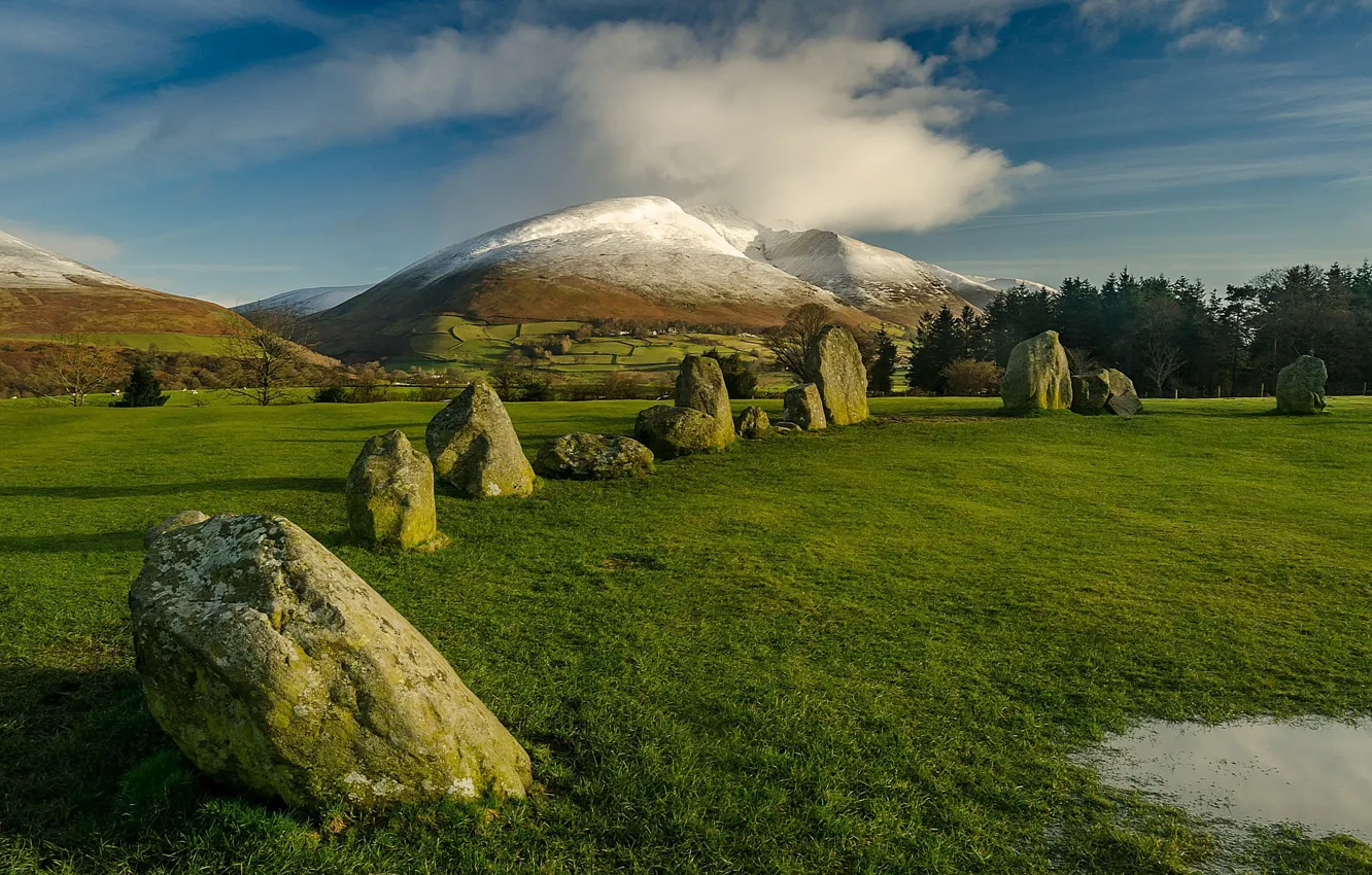 Photo wallpaper the sky, mountains, stones, England, Castlereagh, Cumbria, Castlerigg