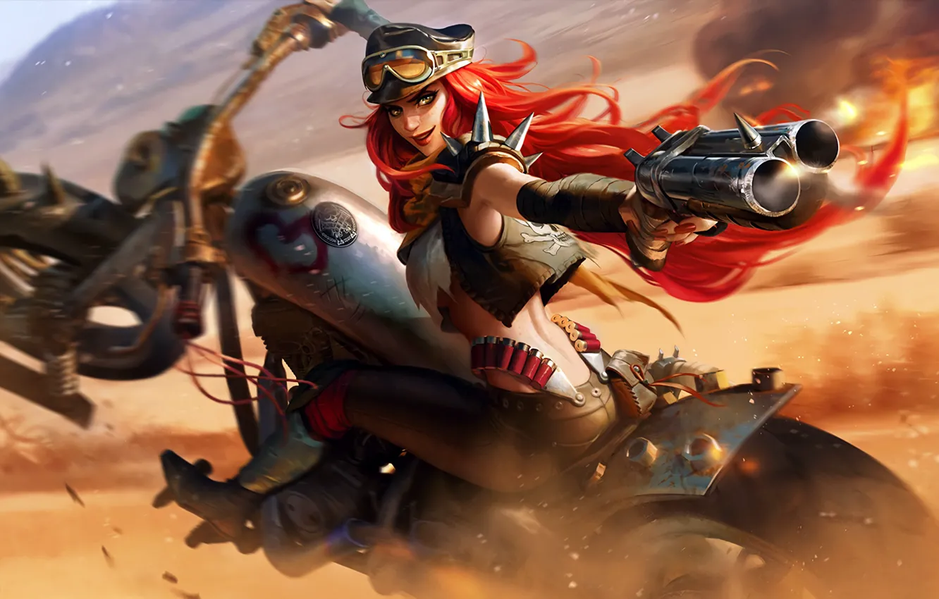 Photo wallpaper girl, gun, fantasy, game, weapon, hat, motorcycle, redhead