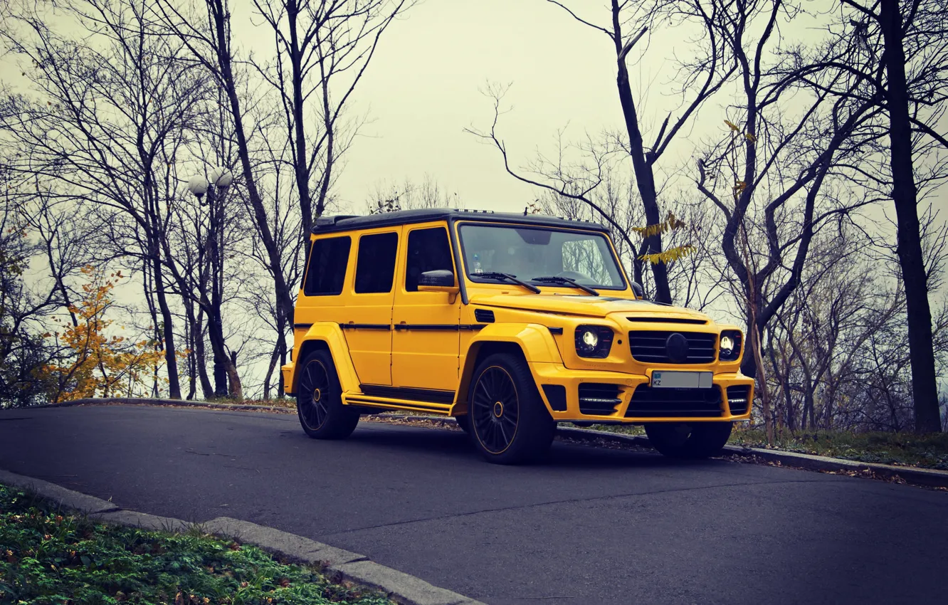 Photo wallpaper Yellow, Autumn, Mercedes, Mercedes Benz, brabus, SUV, G63