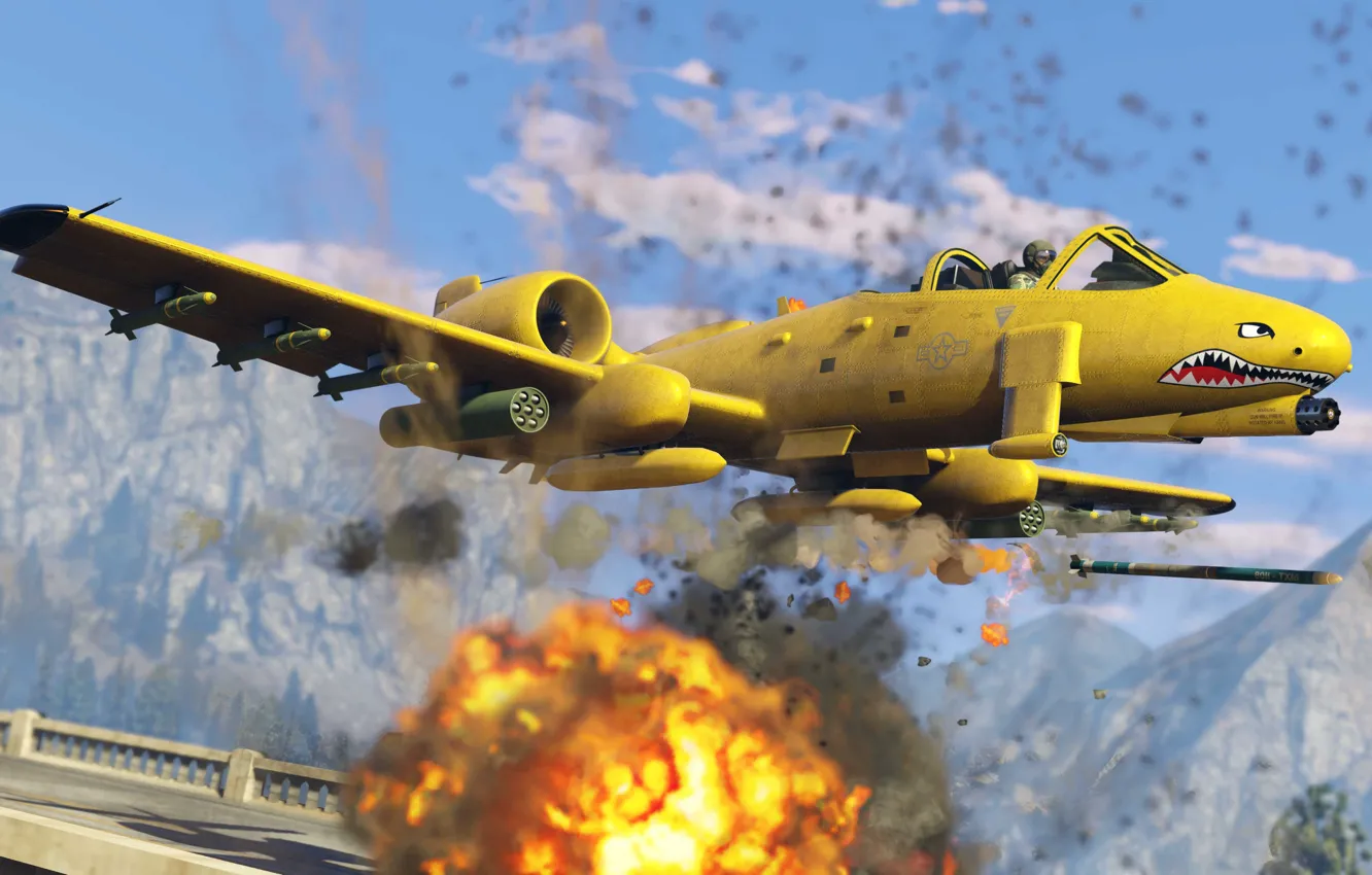 Photo wallpaper The plane, The explosion, GTA, Grand Theft Auto V, Rockstar Games, Multiplayer computer game