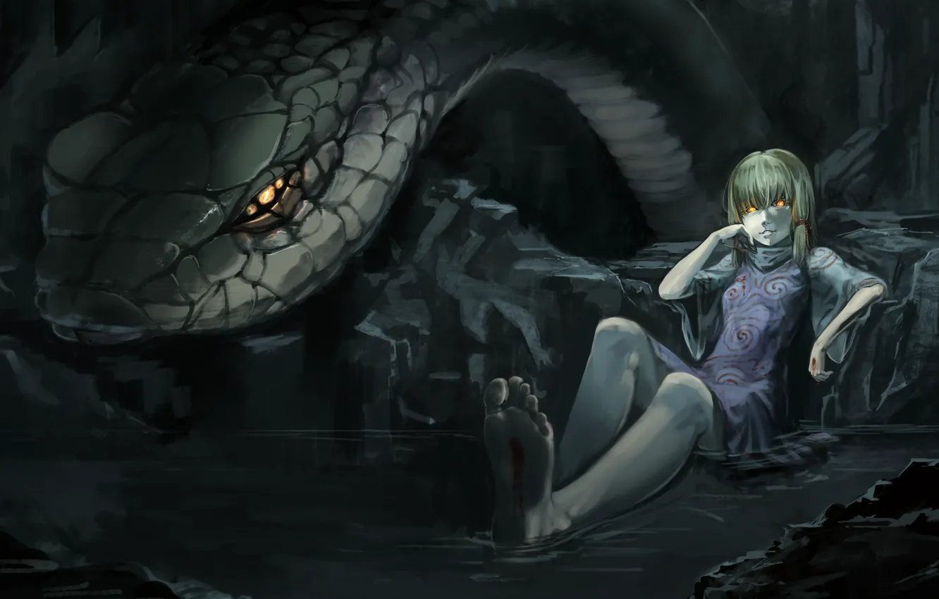 Photo wallpaper water, girl, blood, snake, snakes, cave, touhou, burning eyes