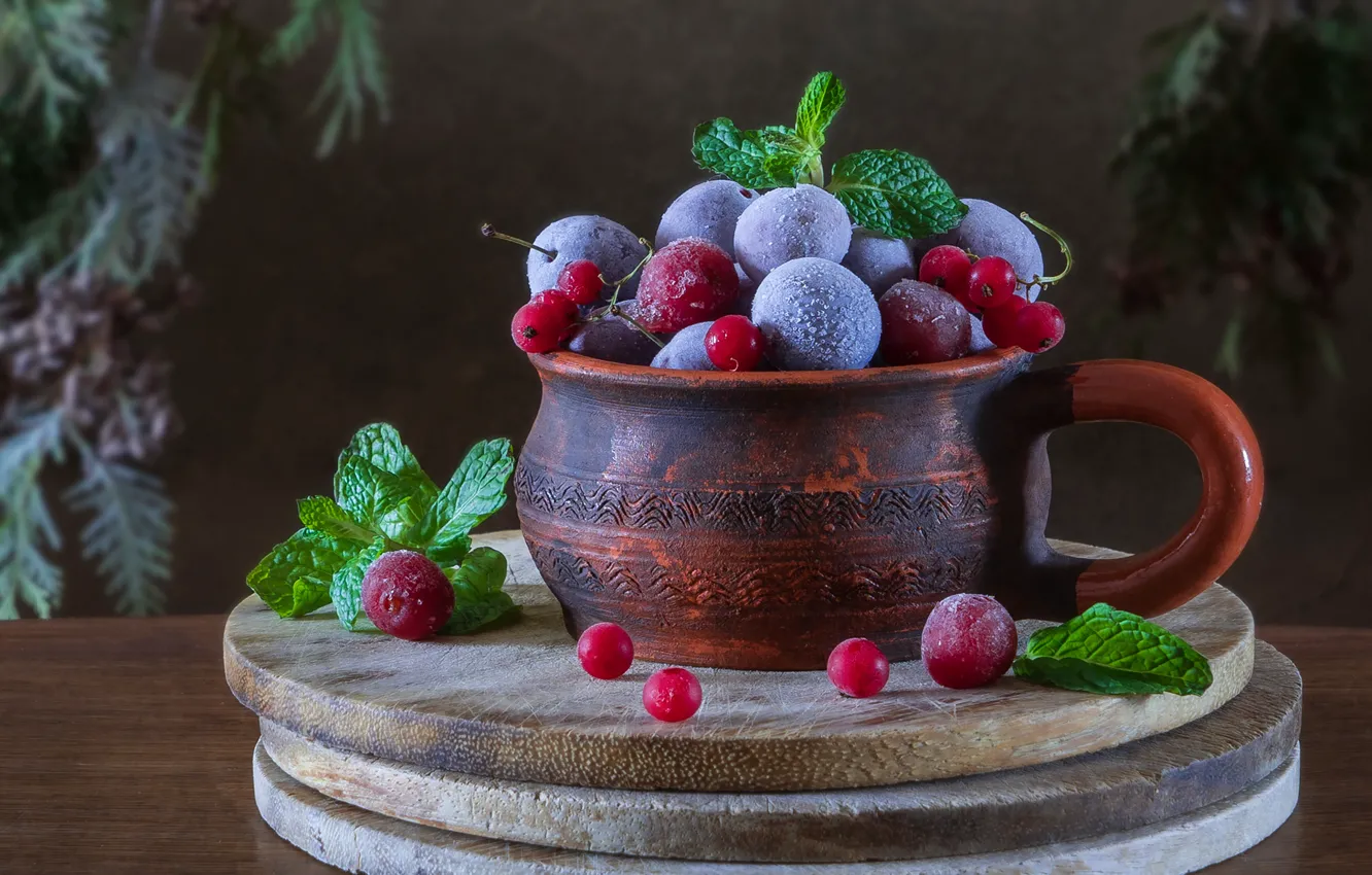 Photo wallpaper frost, red, cherry, berries, pot, still life, plum, currants