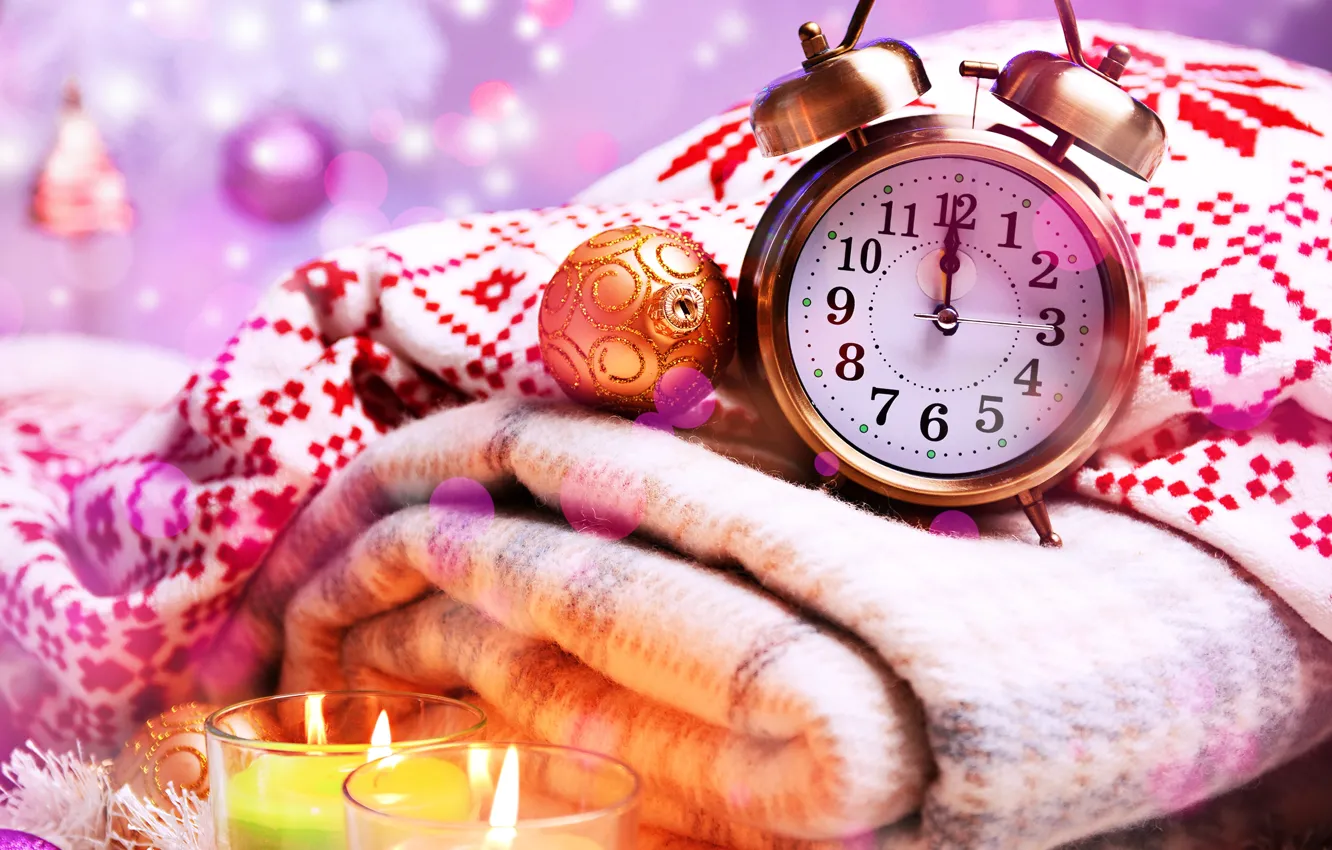 Photo wallpaper balls, arrows, toys, watch, candles, New Year, alarm clock, Christmas