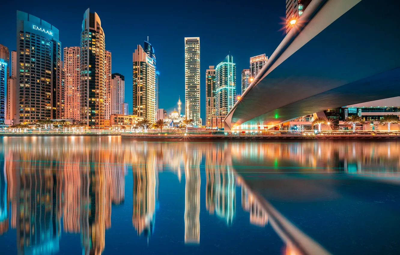 Photo wallpaper water, night, the city, reflection, building, lighting, Dubai, Bay