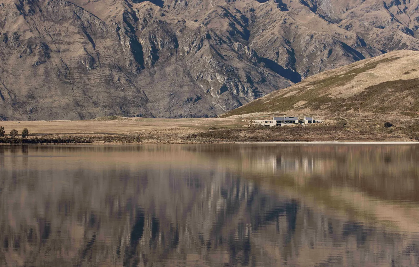 Photo wallpaper mountains, lake, New Zealand, lake, farm, reflection, Piwakawaka