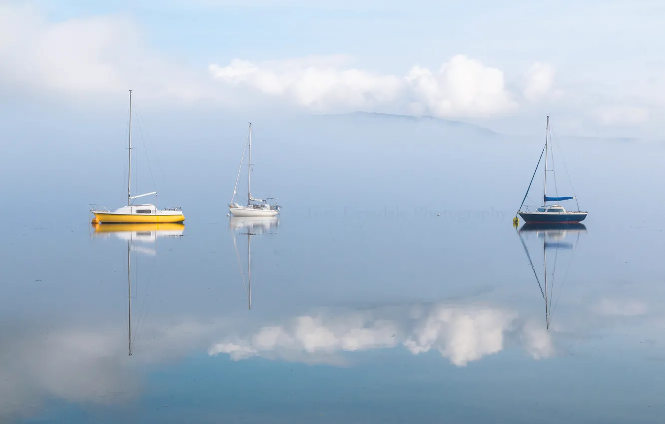 Photo wallpaper sea, clouds, lake, reflection, boat, yacht