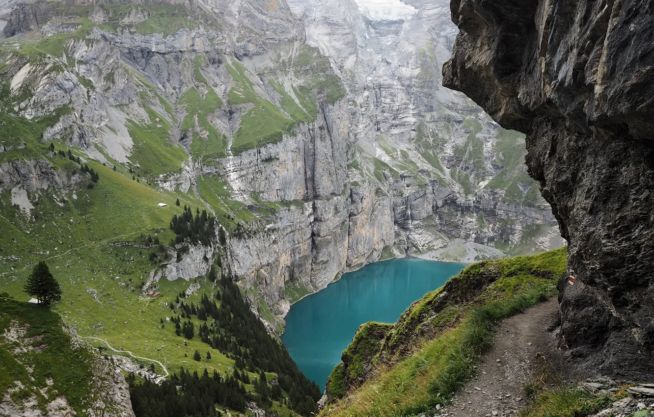 Photo wallpaper mountains, trail, Switzerland, pond, Lake Oeschinensee
